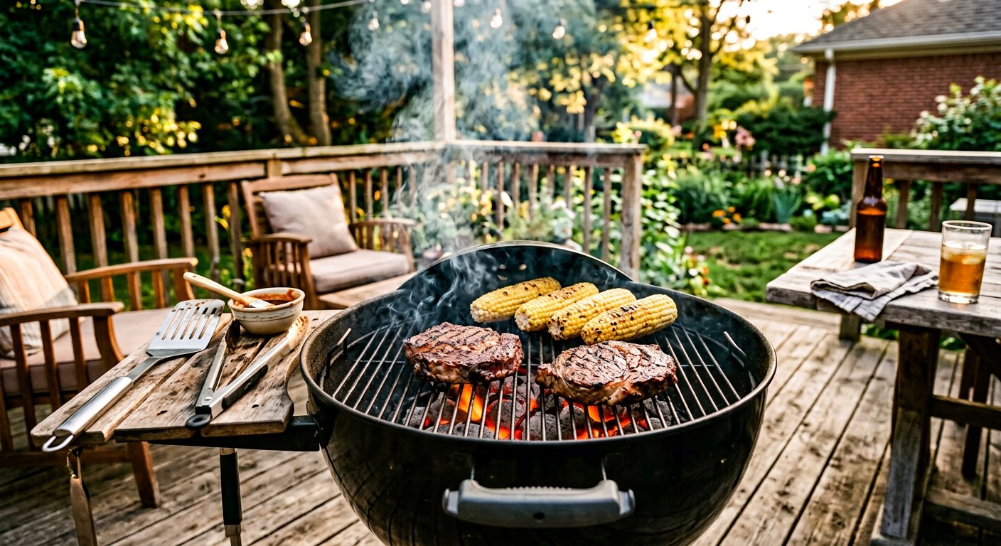 Charcoal grill with smoke rising over grilled food on a backyard patio